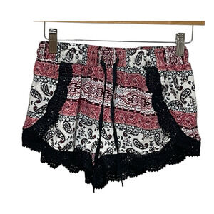 Boho Paisley Shorts Womens S Drawstring Waist Black Lace Trim Summer Crochet